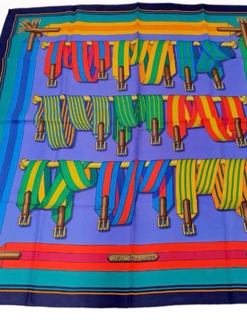 HERMÈS Multicolor Striped Logo Silk Satin Belt Print Square Scarf No box